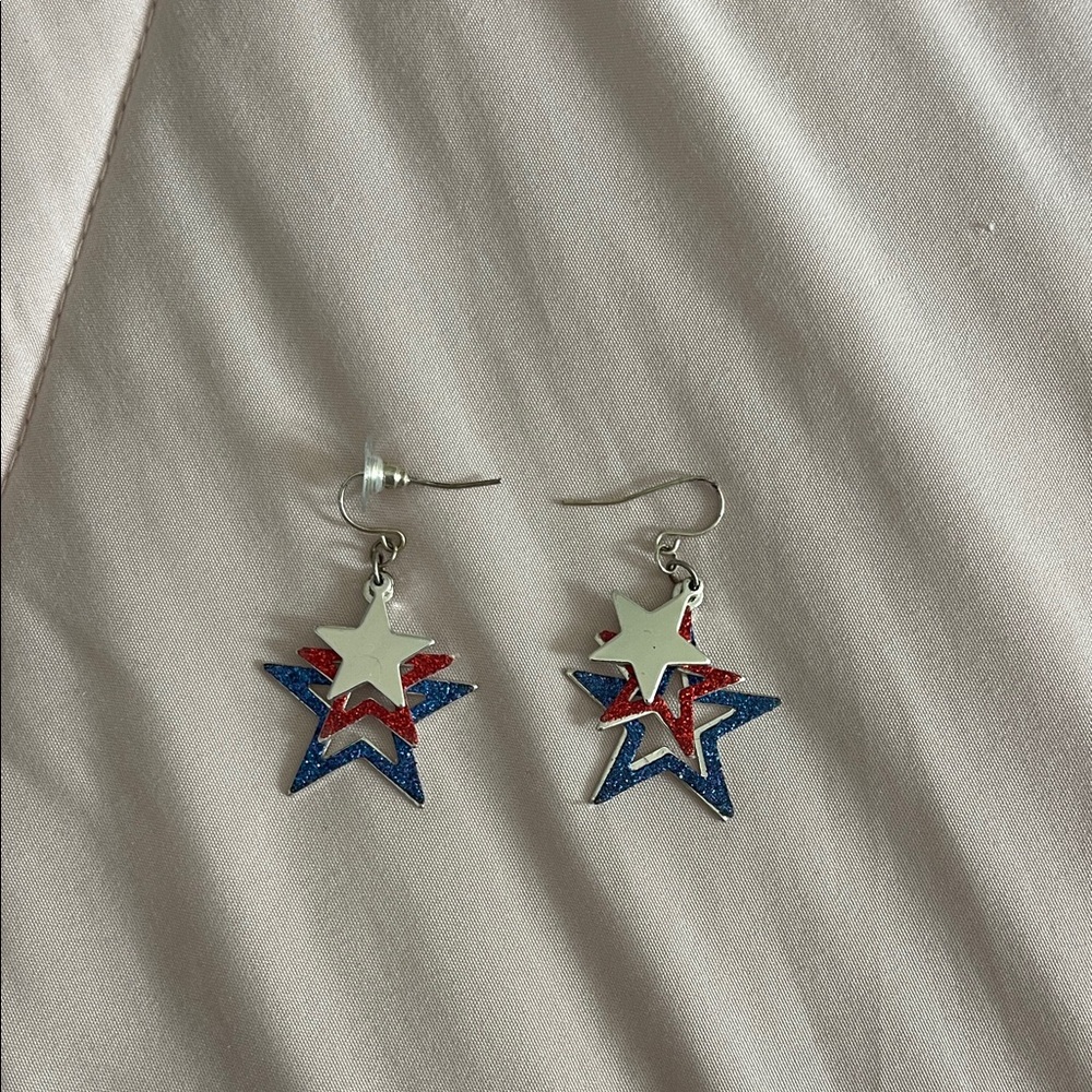Patriotic Star Dangle Earrings - Red, White & Blue